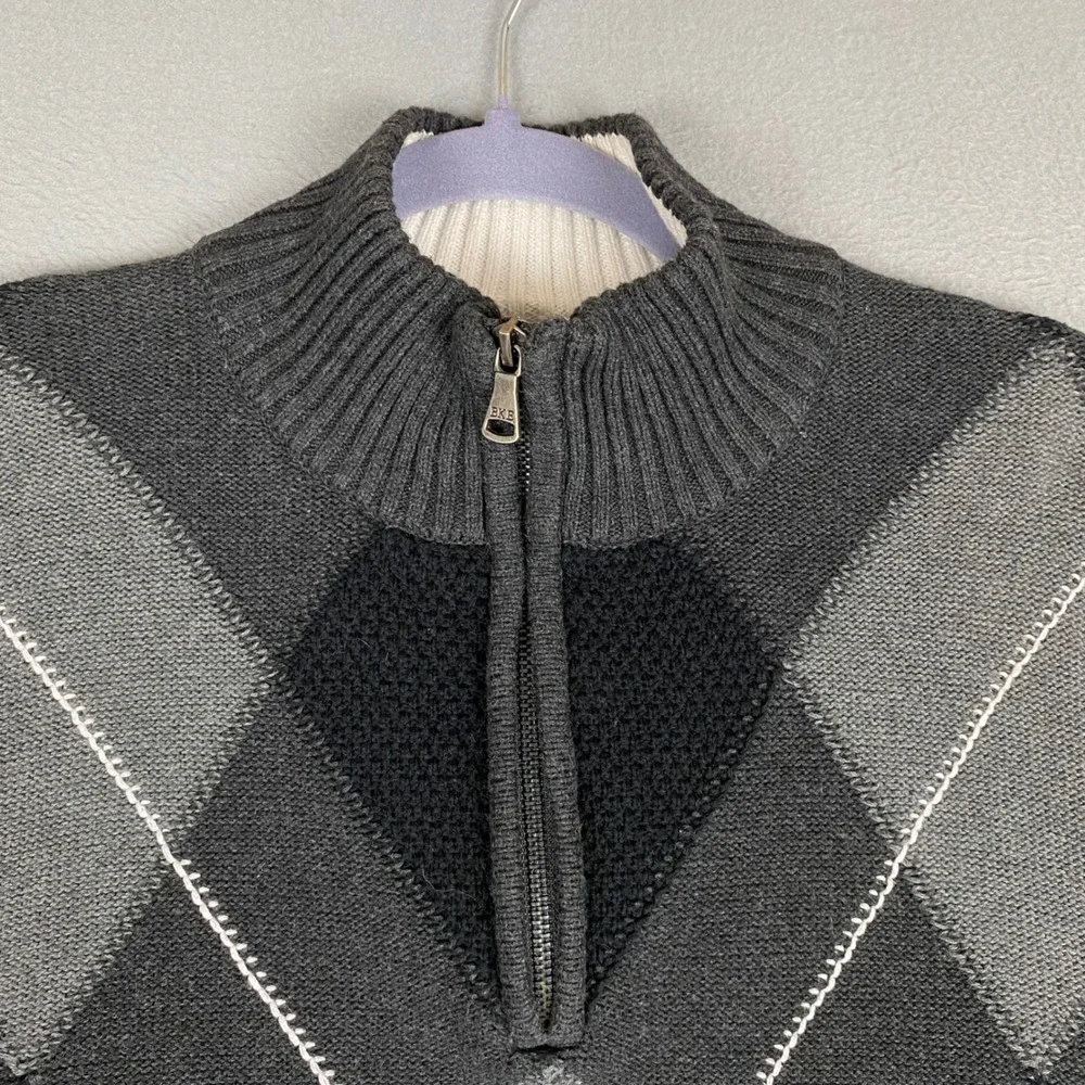 BKE Argyle Quarter Zip Cotton Knit Pullover Sweater Mens Large Charcoal Grey